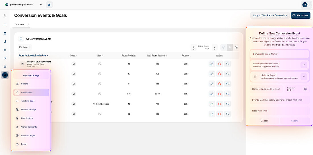 Platform screenshot showing navigation to Conversion Events and the panel for defining a new custom conversion event with criteria and value settings