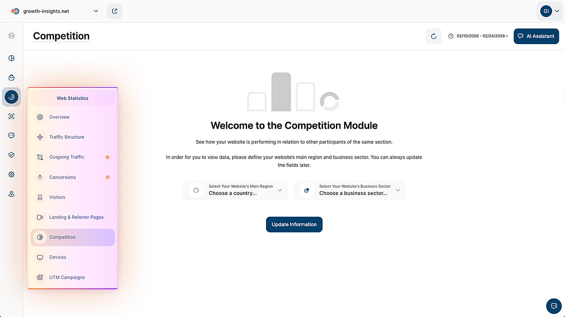 First-time setup screen prompting region and business sector to enable competitor benchmarking