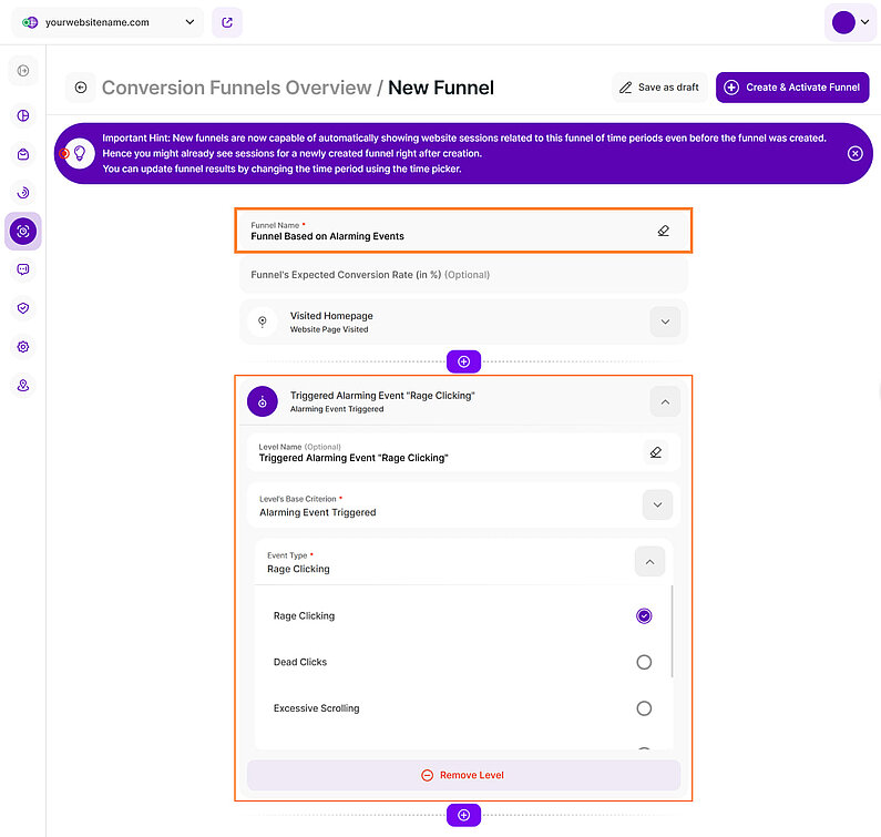 Conversion Funnel Level Based on Alarming Behavior Event Triggered