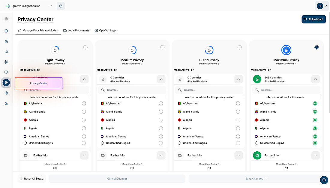 Platform settings screenshot showing the Privacy Center navigation and available data privacy modes with country-based activation controls