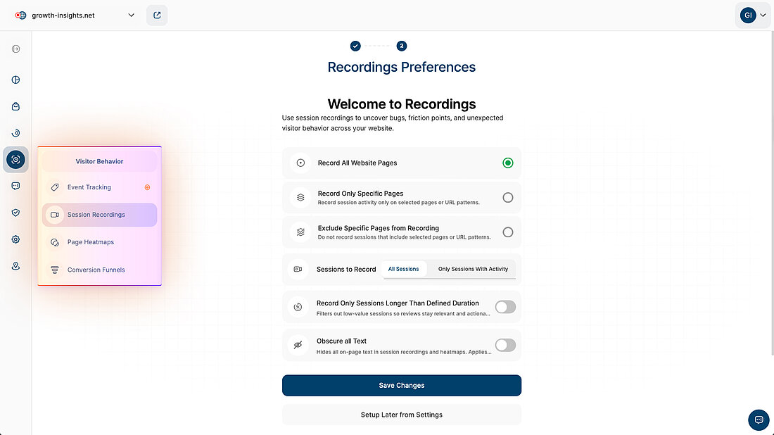 Platform screenshot showing navigation to Session Recordings and the initial recording preferences setup screen for configuring what sessions are recorded